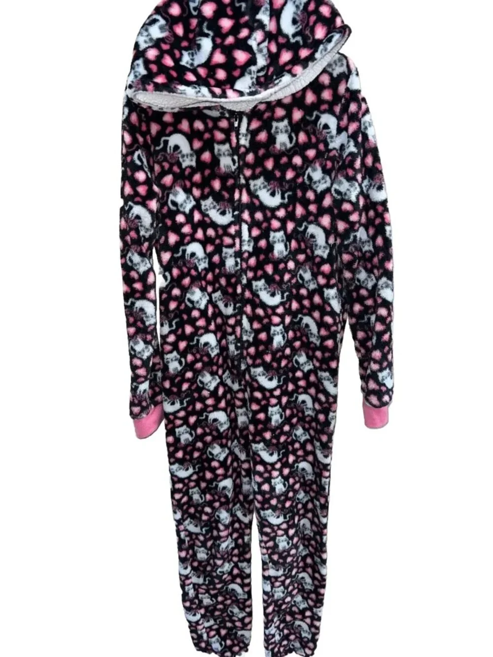 girls Rene Rofe one piece pajama sleepewear hooded full zipper catprint L 10/12